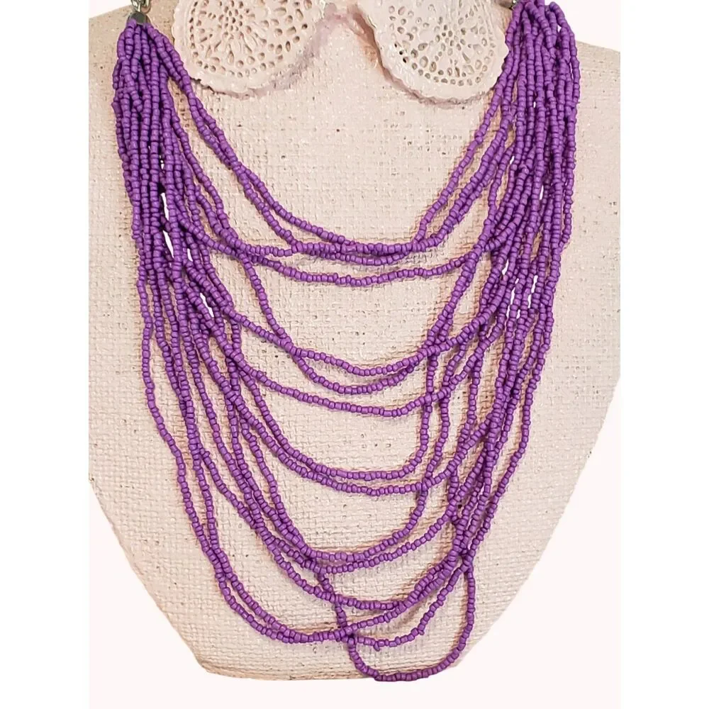 3 Multi Strand Seed Bead Necklaces Purple Orange White Boho Chic Office Siren